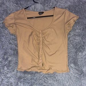 BROWN/TAN LOW NECK BUTTON UP CROP TOO